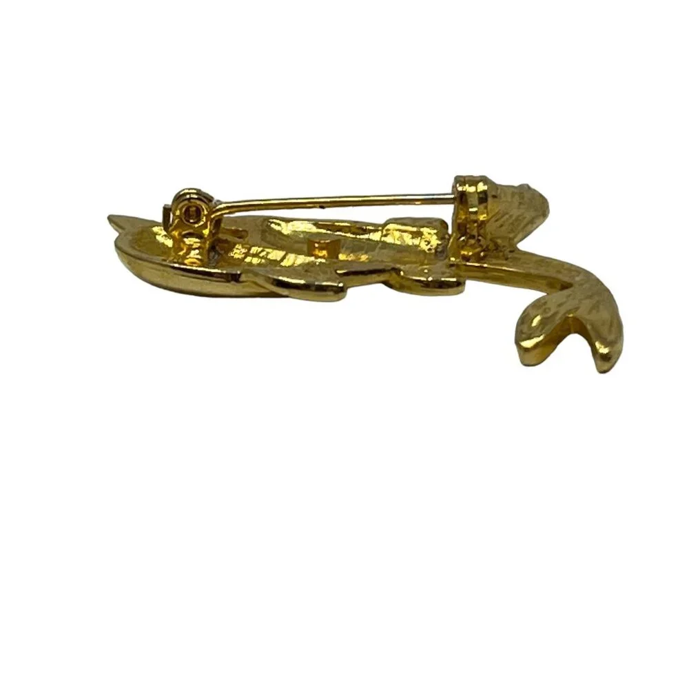 Two Dolphin Brooch Gold Tone Black Enamel Crystal Accents Porpoise‎ Pin
